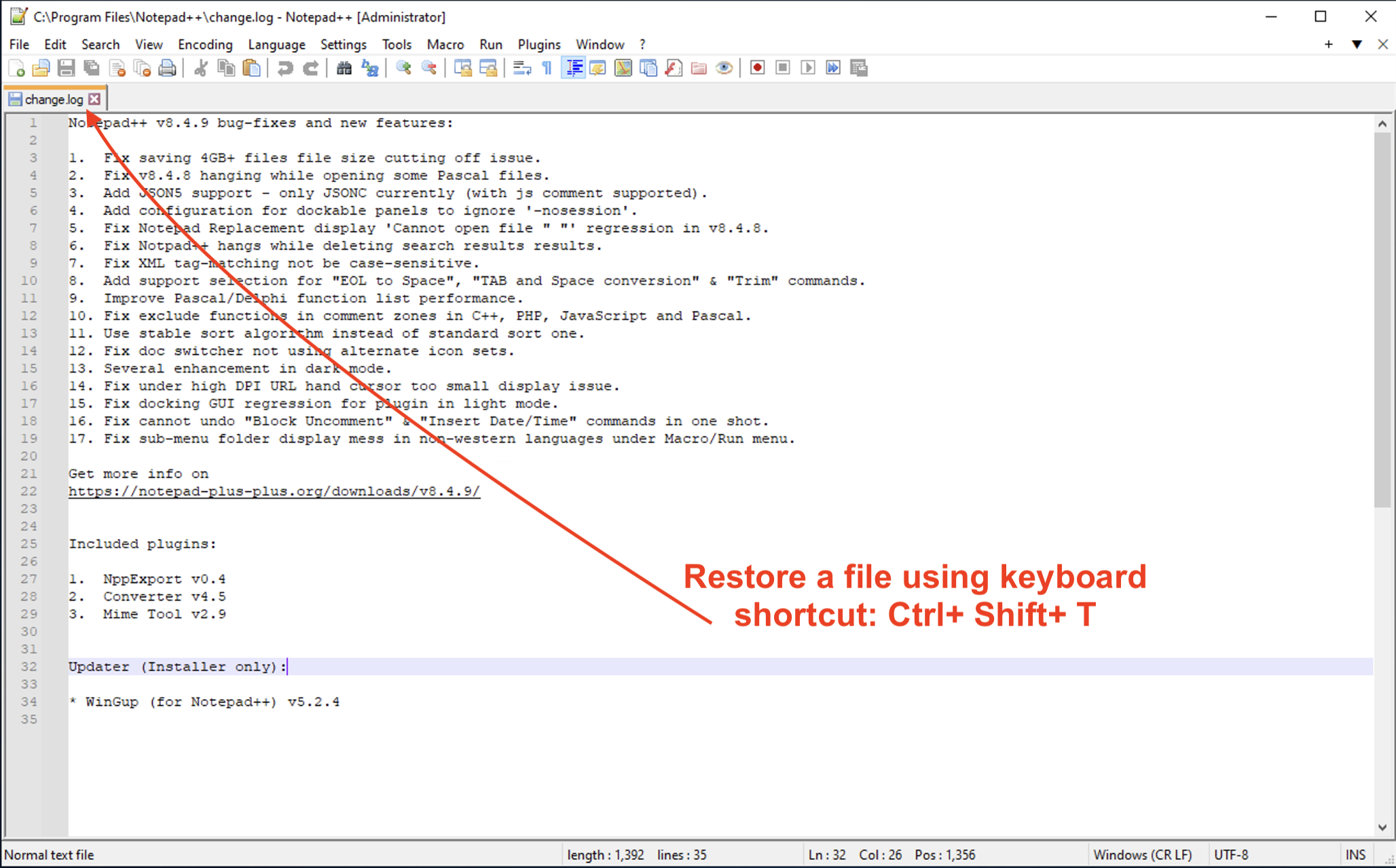 Notepad++ restored closed file using keyboard shortcut